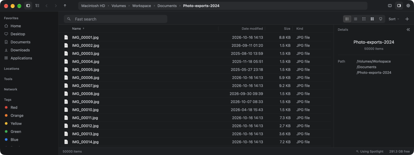 A folder of 50,000 photos listed in the Details view of Fast Finder. The status bar reads 50000 items.