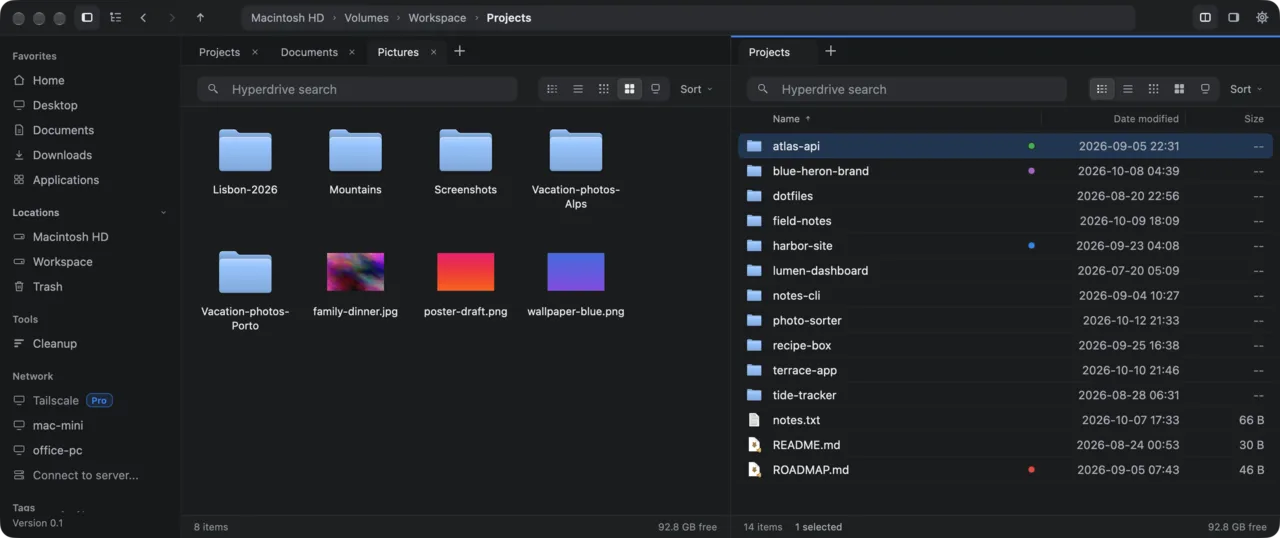 FastFinder with three tabs and two panes side by side: icons on the left, a detailed list on the right.