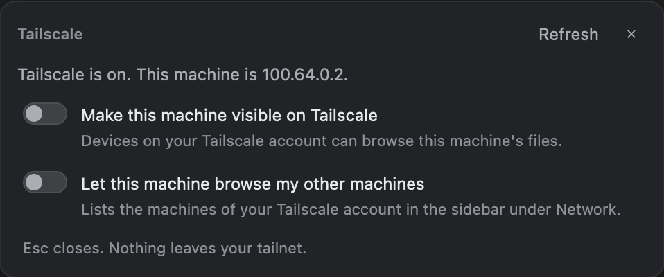 The Tailscale card in Fast Finder. Two switches: Make this machine visible on Tailscale, and Let this machine browse my other machines. Both are off.