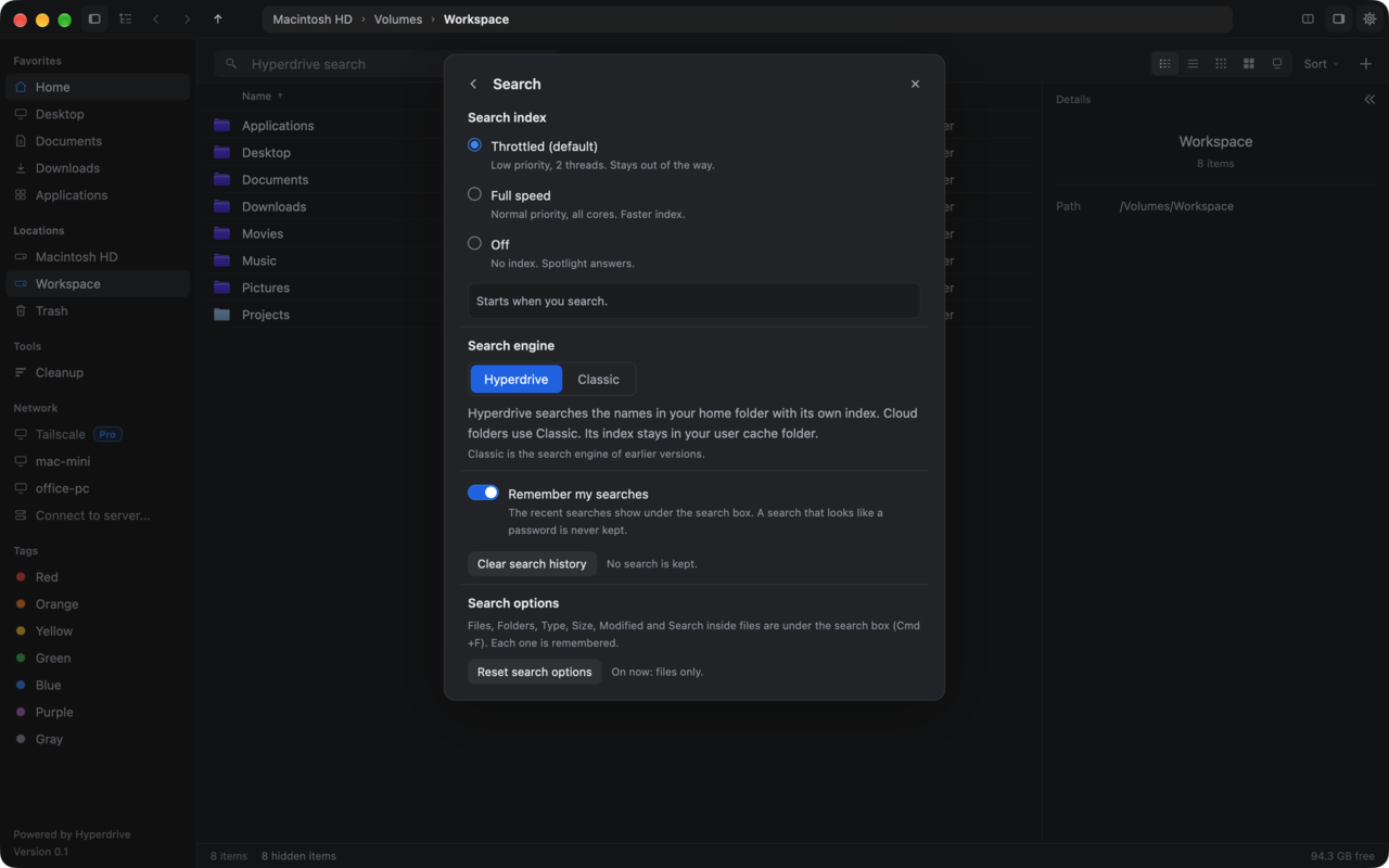 Fast Finder Settings on a Mac, Search page. Search engine is set to Hyperdrive. The sidebar footer reads Powered by Hyperdrive.