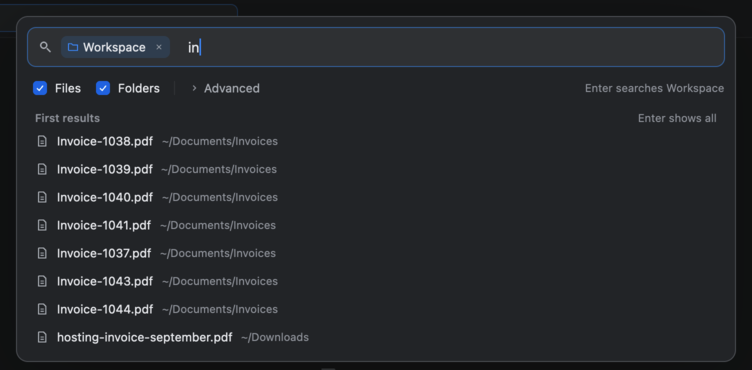 The Fast Finder search card after typing in. The first results are listed below.