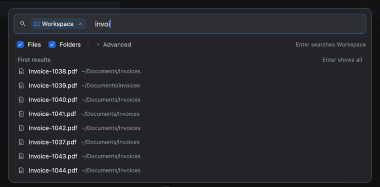 The search card after typing invoi. The first results now show only invoices.