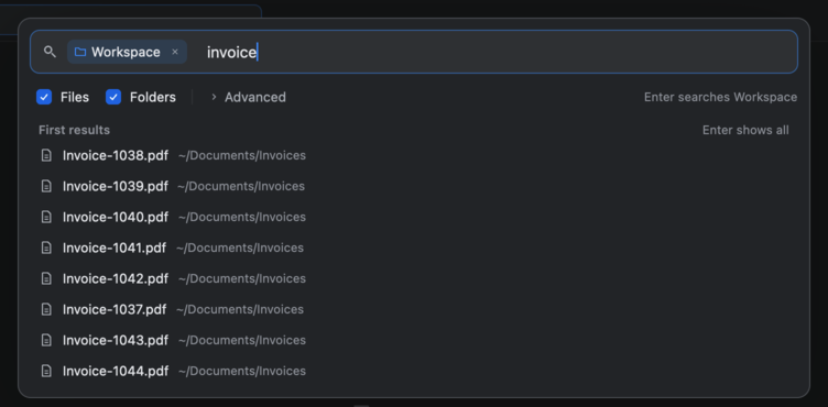 The Fast Finder search card with invoice typed, scoped to the Workspace folder. The first results list the invoice PDFs and where they are.