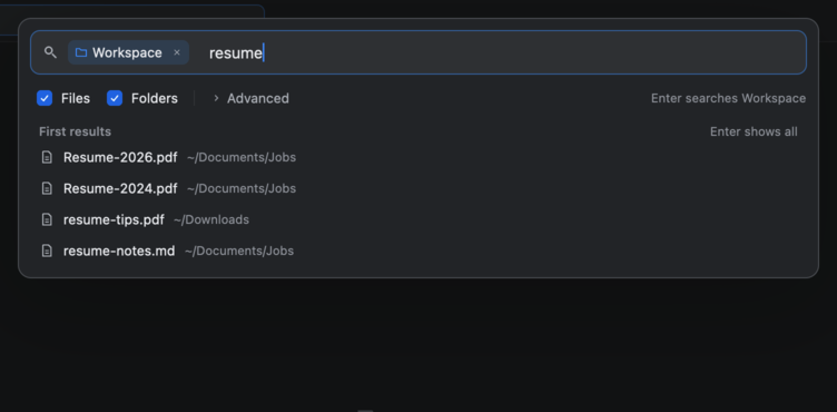The search card with resume typed. The first results list the resume files in Jobs and Downloads.