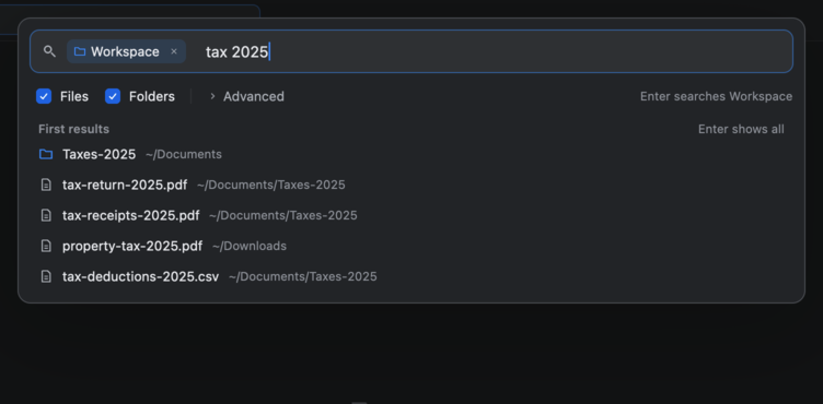 The search card with tax 2025 typed. The first results list the Taxes-2025 folder and the tax files of 2025.