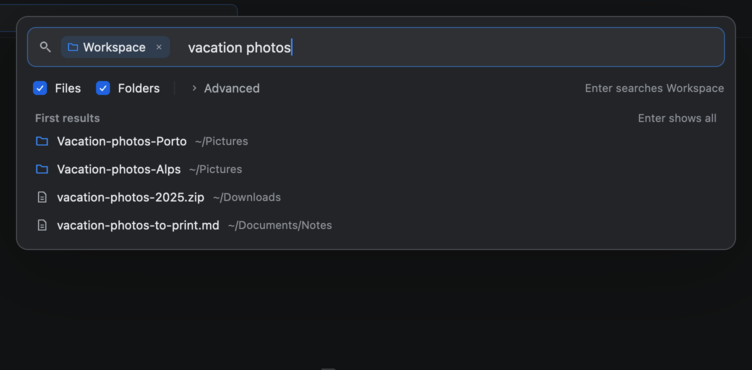 The search card with vacation photos typed. The first results list two vacation photo folders, a zip and a note.