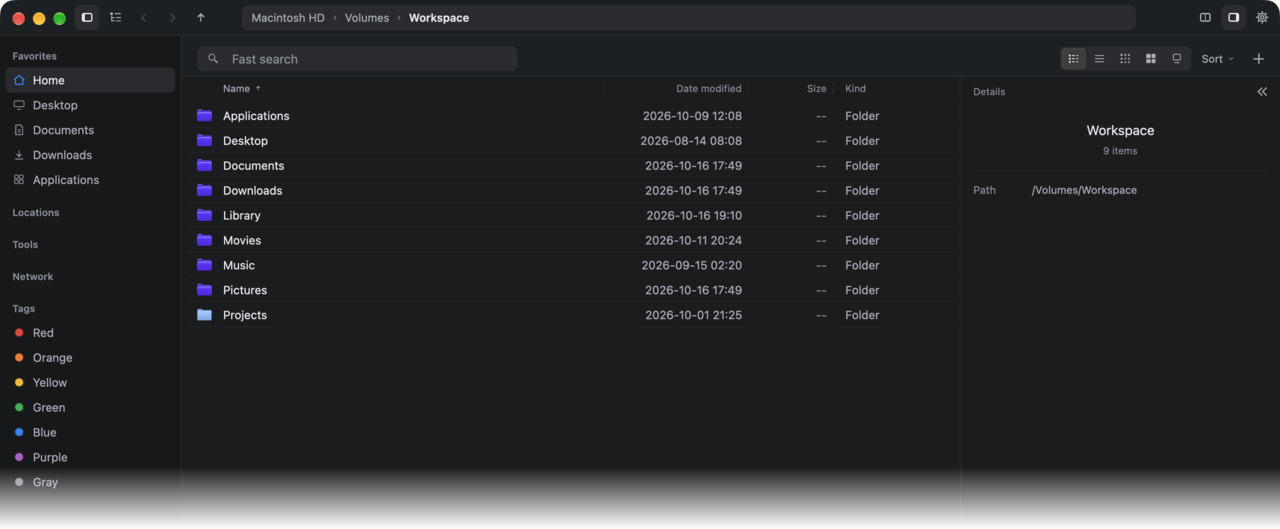 The Fast Finder window on a Mac at rest, with the empty Fast search box at the top of the file list. The animation then types invoice, shows the first results, and ends on the matching invoices with a PDF preview in the details sidebar.