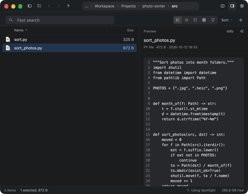 Code: a Python file with line numbers in the details sidebar.