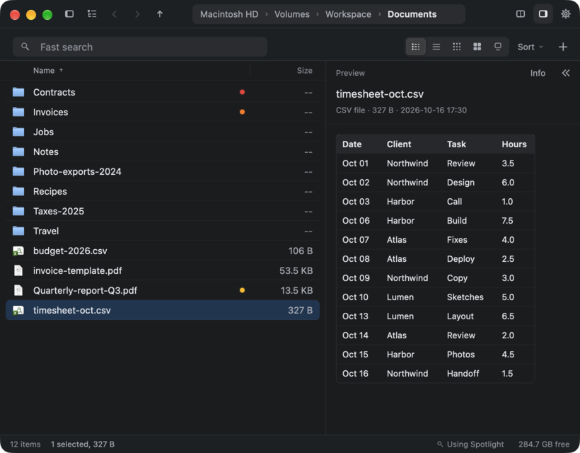 CSV: a timesheet shown as a table in the details sidebar.