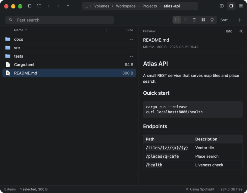 Markdown: the README of a sample project rendered in the details sidebar, with headings, a code block and a table.
